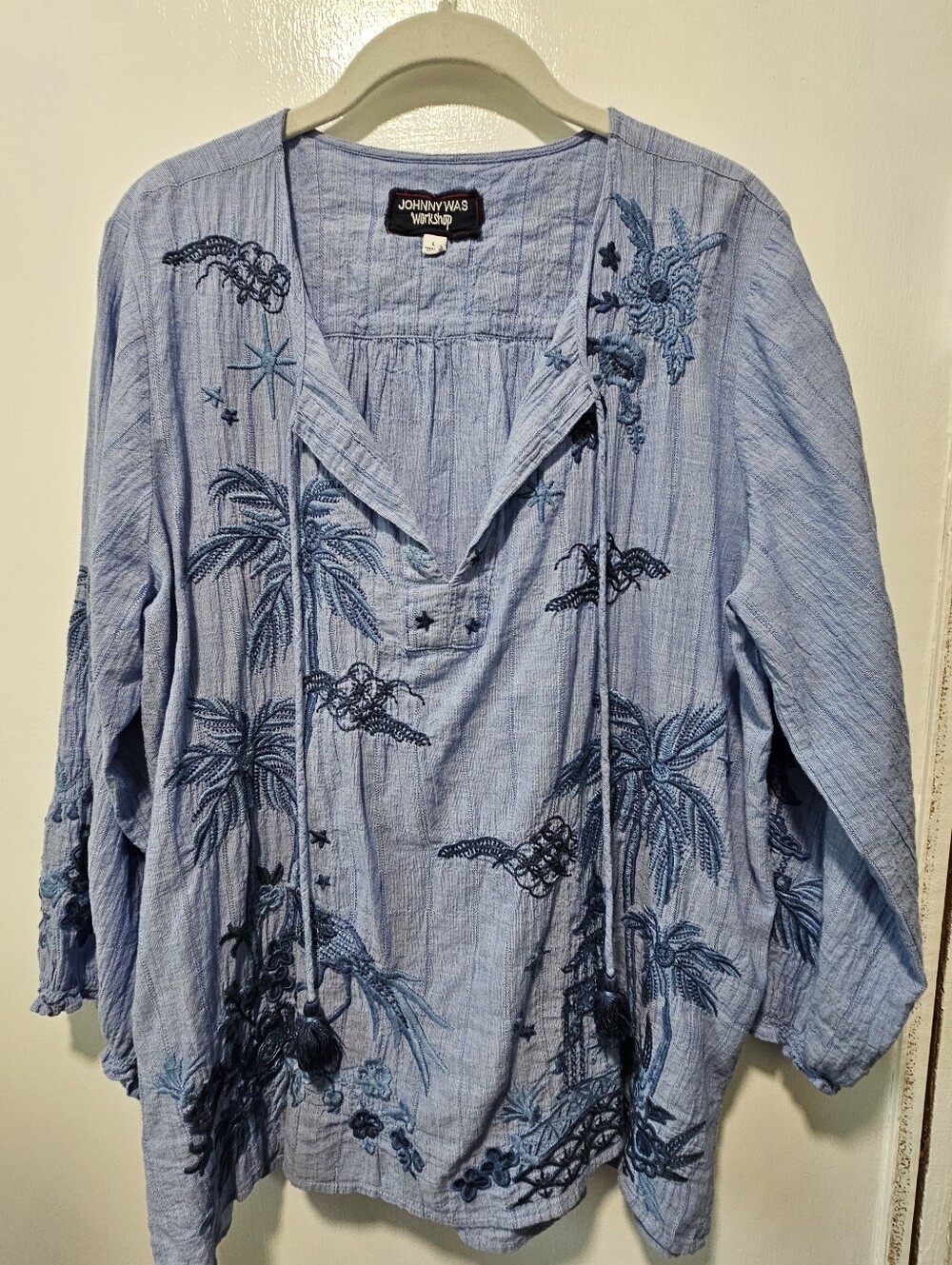 Johnny Was Sky Blue Embroidered Blouse